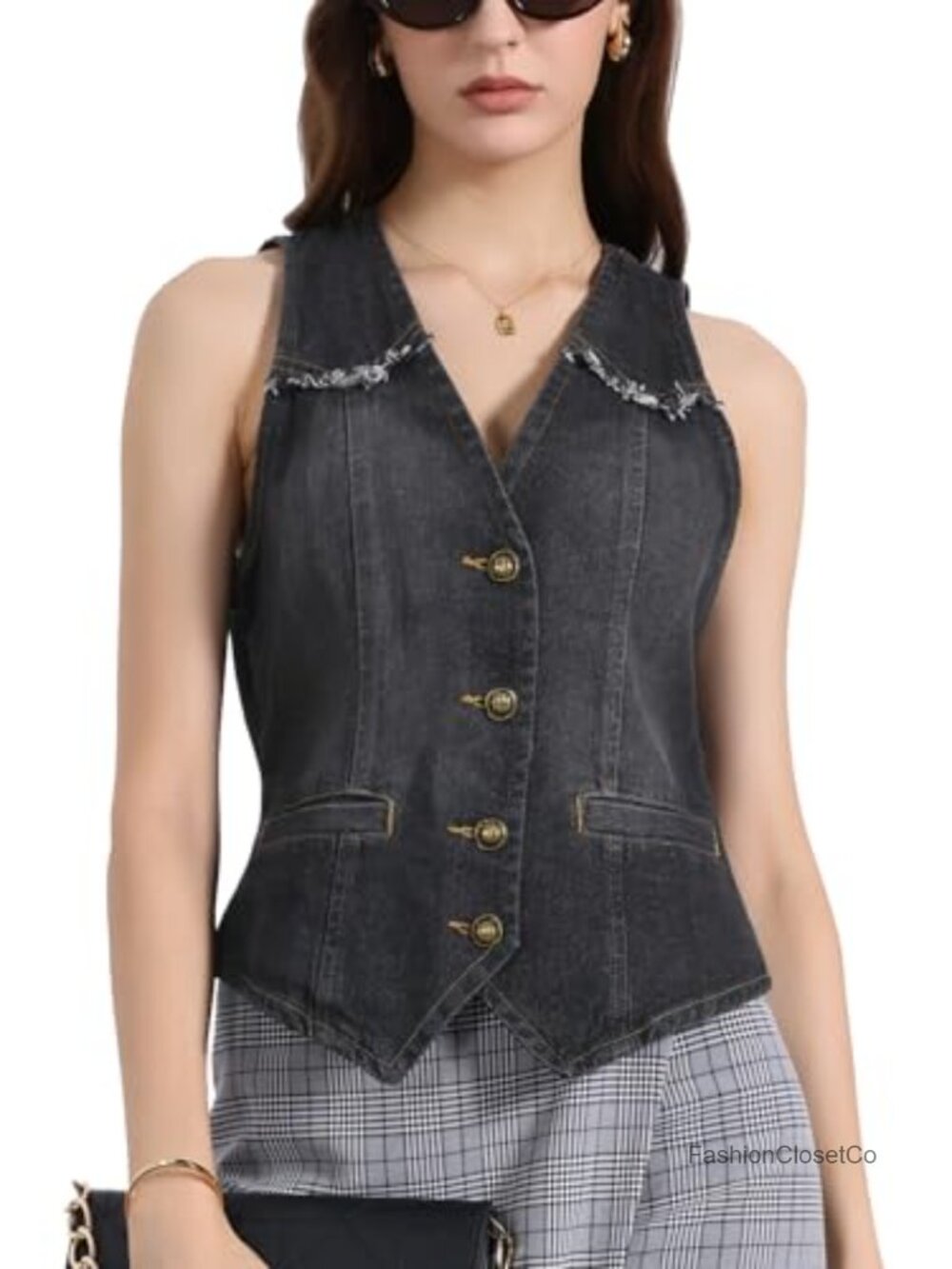 Sleeveless Denim Vest Button Closure Welt Pockets Western Waistcoat